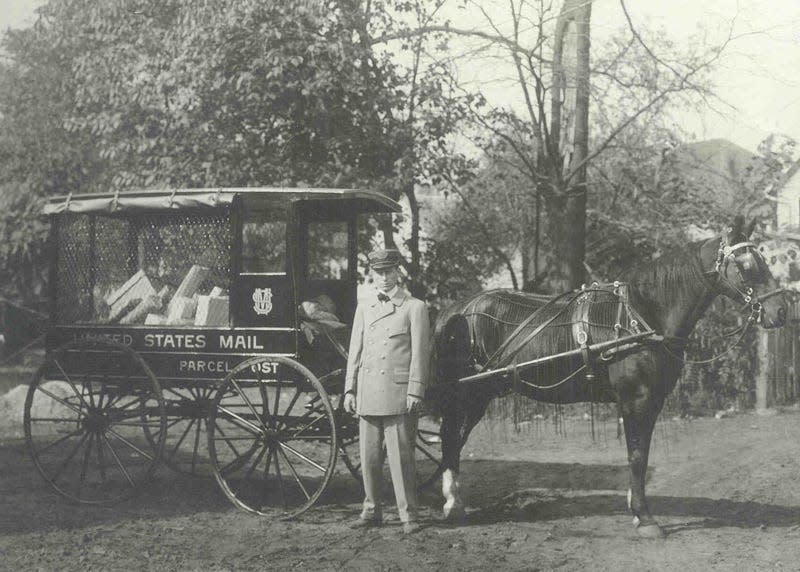 A Parcel Post wagon and with its horse and driver in Red Bank, New Jersey, in 1914. Although trucks were used to haul Parcel Post packages as early as 1913, old-fashioned horse power predominated until the 1920s.