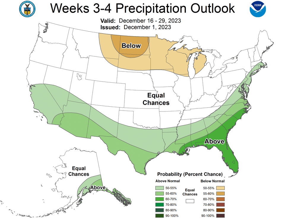 Three-four week outlook for Dec. 16 - Dec. 29, 2023.