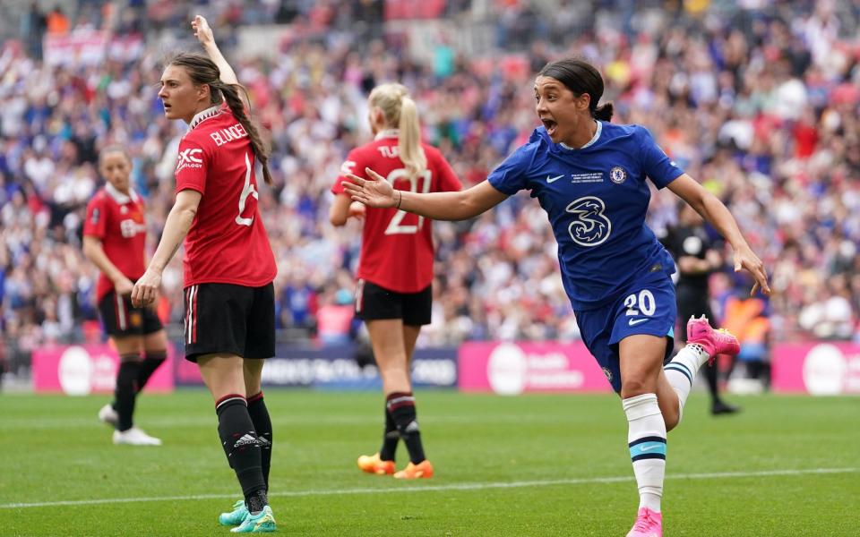 Chelsea&#39;s Sam Kerr (right) celebrates scoring their side&#39;s first goal - PA