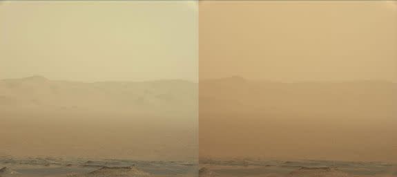 The Curiosity rover, on another part of the planet, captured these two images of the dust storm.