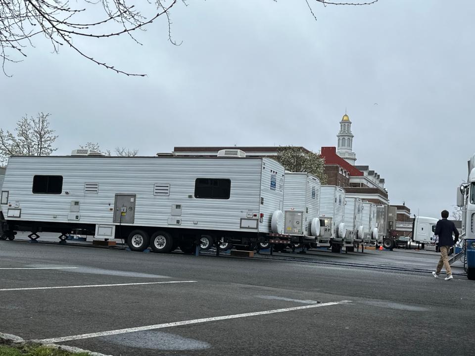 Trailers and trucks parked at the Molly Pitcher Inn in Red Bank. April 11, 2024