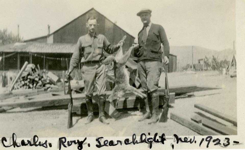 This Nevada Historical Society archived photo depicts two men, Charles and Roy holding a dead coyote near Searchlight, Nev. in 1923, after the rabies epidemic had subsided.