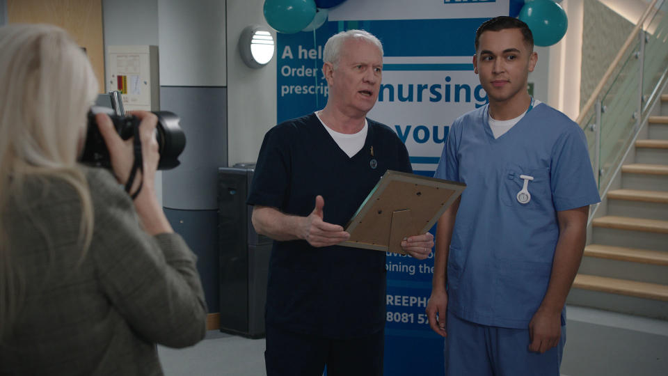 Derek Thompson and Shaheen Jafargholi as medics Charlie and Marty in Casualty (Credit: BBC)