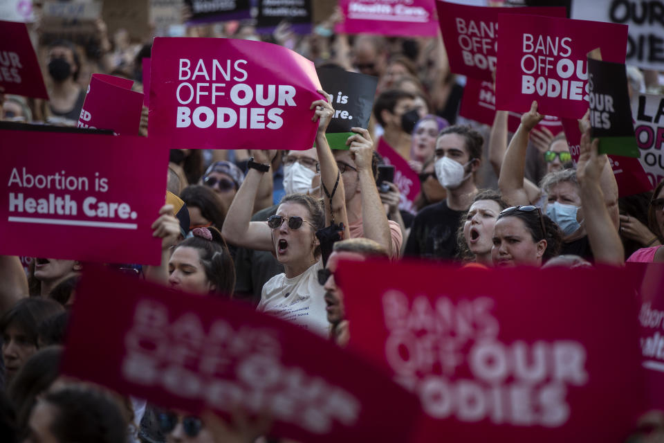 More than one thousand people protest outside of Portland City Hall against the Supreme Court decision to overturn Roe v. Wade on Friday, June 24, 2022. (Staff photo by Brianna Soukup/Portland Press Herald via Getty Images)