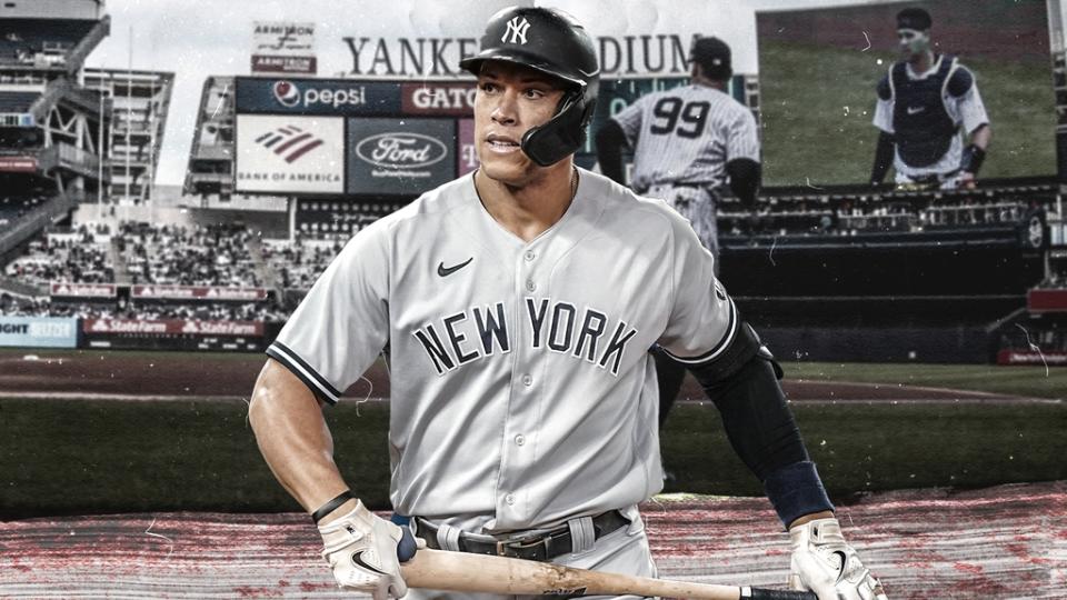 Aaron Judge Treated Art - gray uniform, holding bat with Yankee Stadium background