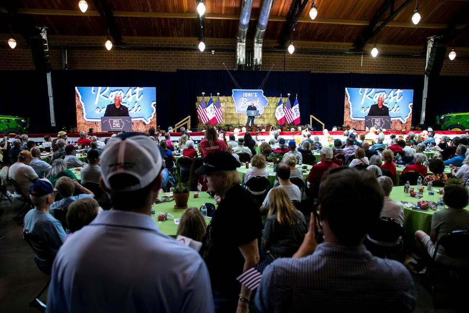 Former Vice President Mike Pence speaks during the annual Roast and Ride fundraiser for U.S. Sen. Joni Ernst, Saturday, June 3, 2023, at the Iowa State Fairgrounds in Des Moines, Iowa.