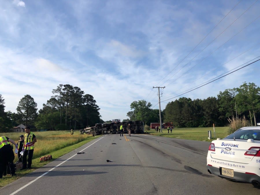 A dump truck and a box overturned in this four-vehicle crash on Friday in Suffolk (Courtesy of City of Suffolk)