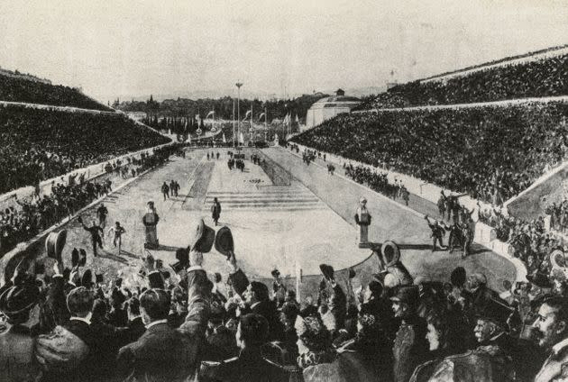 The winner of the marathon, Spiridon Louis, on arrival at the stadium, Athens Olympics, 1896, Greece, 19th century. (Photo: DEA PICTURE LIBRARY via Getty Images)