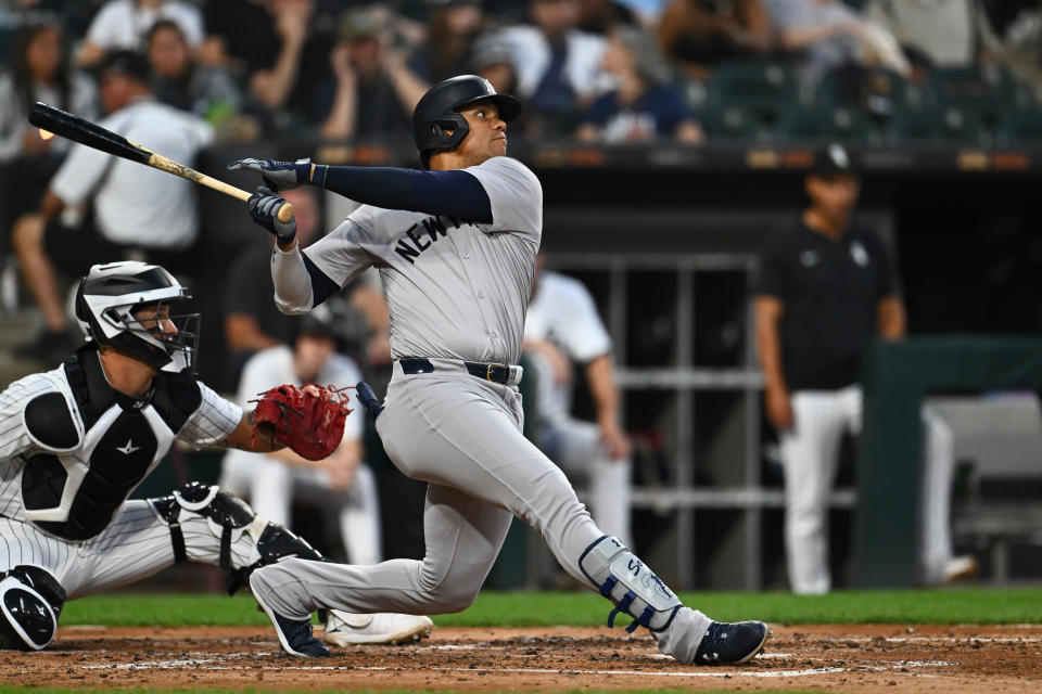 CHICAGO, ILLINOIS – AUGUST 13: Juan Soto #22 of the New York Yankees hits a two-run home run in the third inning against Jonathan Cannon of the Chicago White Sox (not pictured) at Guaranteed Rate Field on August 13, 2024 in Chicago, Illinois. (Photo by Quinn Harris/Getty Images)