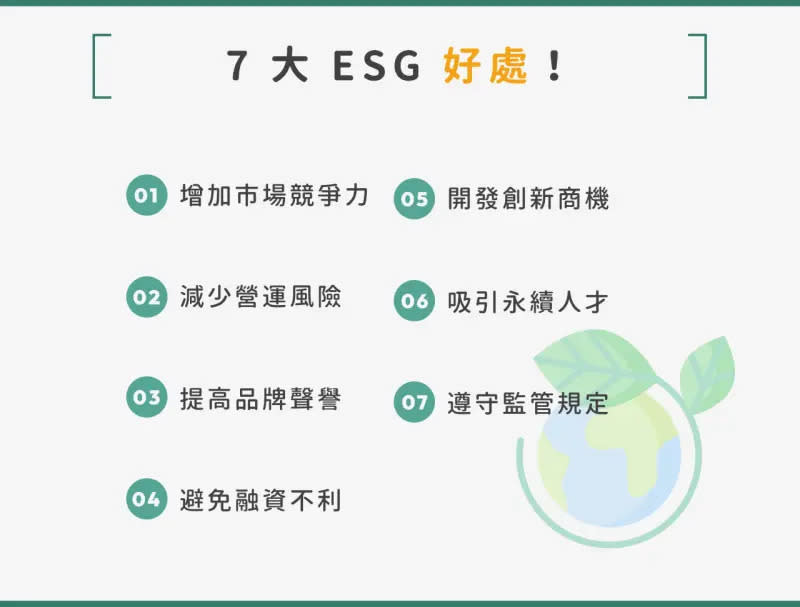 ▲為什麼要做 ESG？7 大 ESG 好處。（圖／NOWnews製圖）