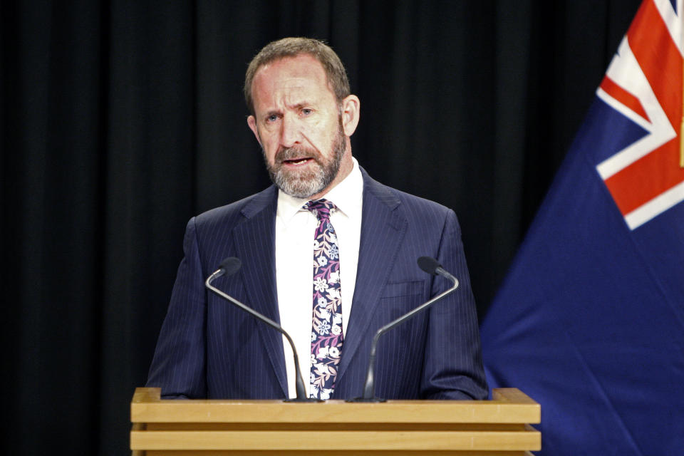 FILE - In this Aug. 5, 2019, file photo, New Zealand's then Justice Minister Andrew Little speaks to the media in Wellington, New Zealand. Now the Health Minister Little said Wednesday, April 21, 2021, that New Zealand will overhaul its fragmented healthcare system to create a new national service similar to the one revered by many in Britain. (AP Photo/Nick Perry, File)