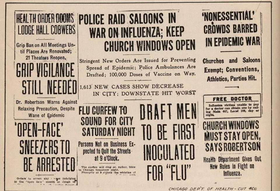 Titulares de periódicos de Chicago relacionados con la pandemia de gripe española