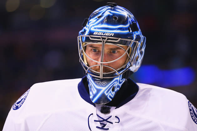 BOSTON, MA - FEBRUARY 28: Ben Bishop #30 of the Tampa Bay Lightning looks on during the third period against the Boston Bruins at TD Garden on February 28, 2016 in Boston, Massachusetts. The Lightning defeat the Bruins 4-1. (Photo by Maddie Meyer/Getty Images)