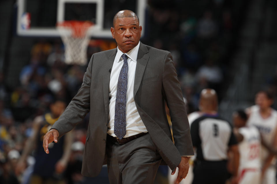 Los Angeles Clippers head coach Doc Rivers in the second half of an NBA basketball game Tuesday, Feb. 27, 2018, in Denver. The Clippers prevailed 122-120. (AP Photo/David Zalubowski)