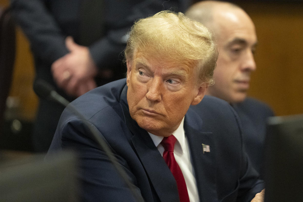 Former President Donald Trump at a pretrial hearing at Manhattan Criminal Court.