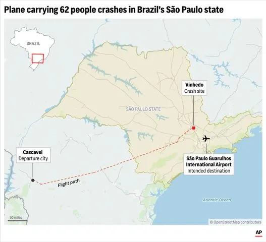 <p>AP Digital Embed</p> Locator map showing the departure, destination and crash sites of a Brazilian commercial airplane that crashed.