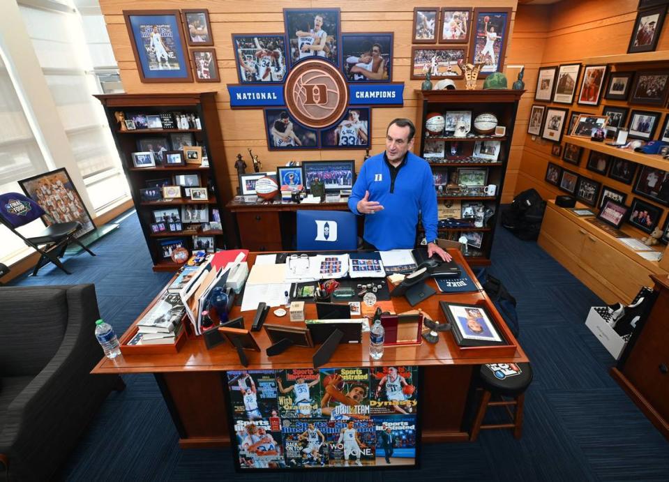 Former Duke University men’s head basketball coach Mike Krzyzewski’s office is a virtual museum to his and his player’s careers at the university. Krzyzewski was the head men’s basketball coach at Duke University for 42 years. During his career as the Blue Devils coach he led the team to 13 Final Fours winning five national titles and 15 ACC tournament championships. Krzyzewski finished with 1,202 career wins. JEFF SINER/jsiner@charlotteobserver.com