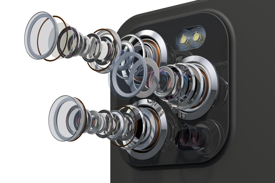 Multi-camera smartphone. Disassembled smartphone cameras, modern lens of smartphone cameras structure. 3D rendering isolated on white background