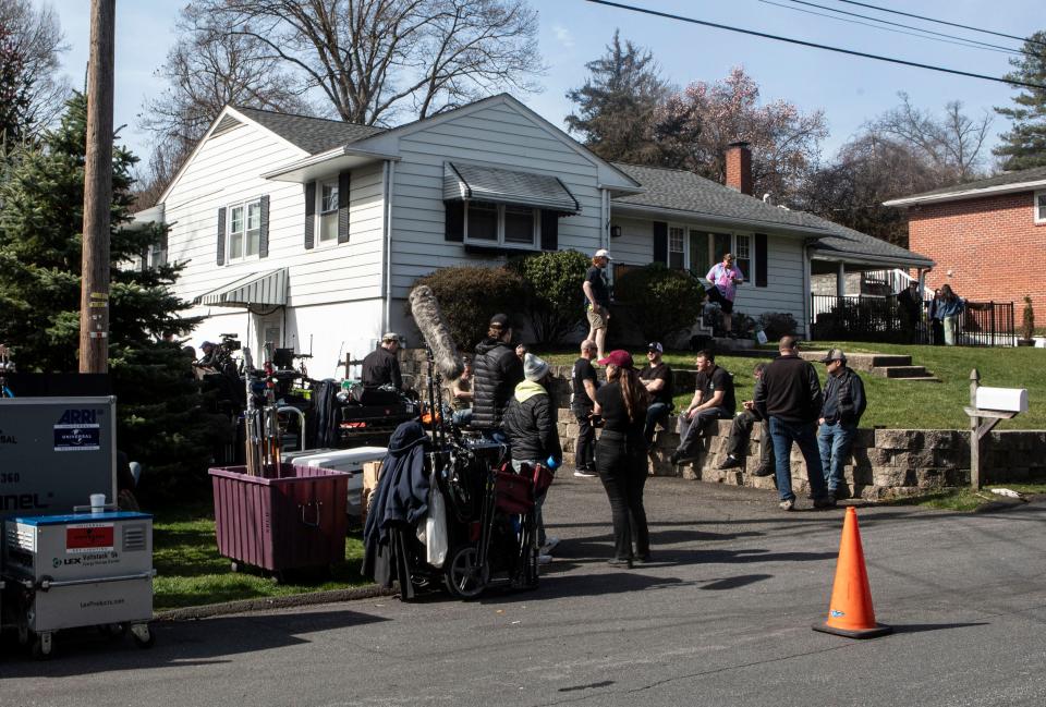 Crews outside a home on Glenbrook Road in Nyack April 9, 2014 where a shoot for the television show "Law and Order SVU" was being shot.