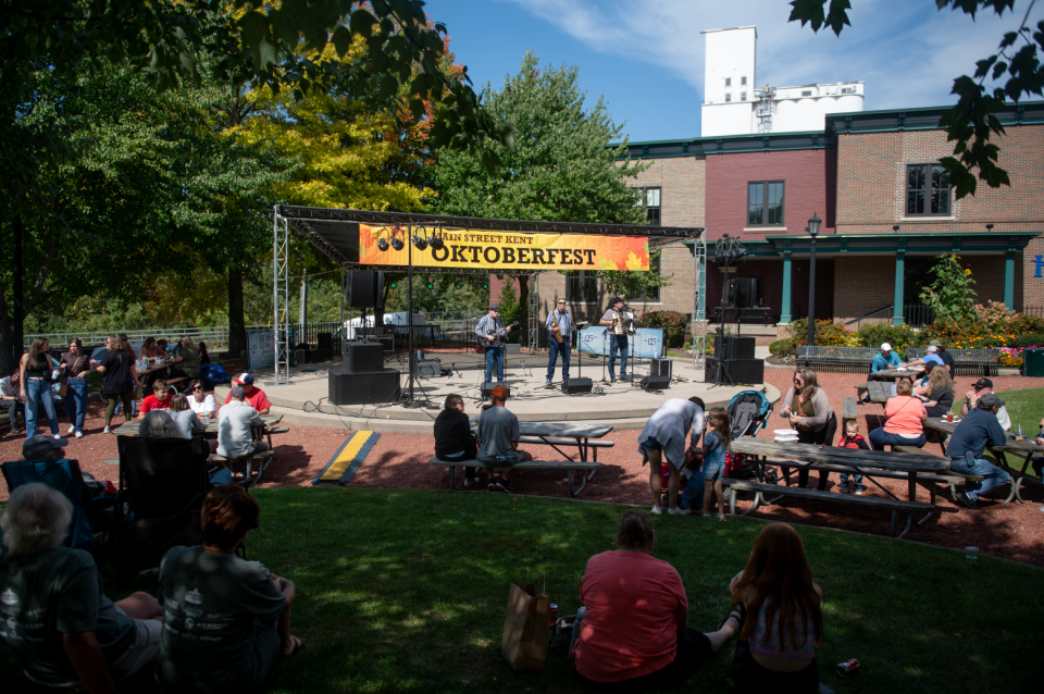 Mike Wojtila Trio performs polka music on stage at the Hometown Bank Plaza at Main Street Kent's Oktoberfest on Saturday, Sept. 23.