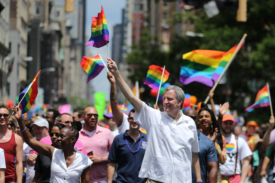 <p>Mayor Bill de Blasio marches in the N.Y.C Pride Parade in New York on June 25, 2017. (Photo: Gordon Donovan/Yahoo News) </p>