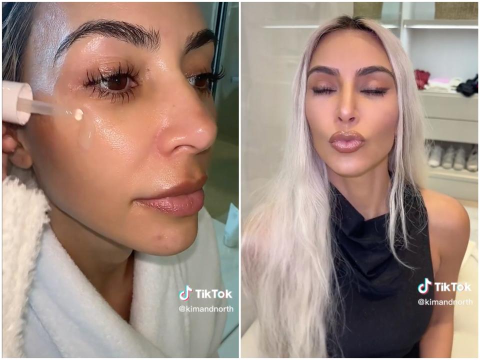 Screenshots of North West doing her mom Kim Kardashian's makeup on Thanksgiving