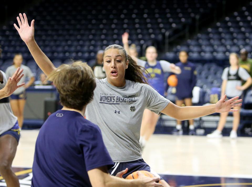 Notre Dame forward Kylee Watson goes through drills Tuesday, Oct. 10, 2023, at the Notre Dame women’s basketball media day at Purcell Pavilion on South Bend.