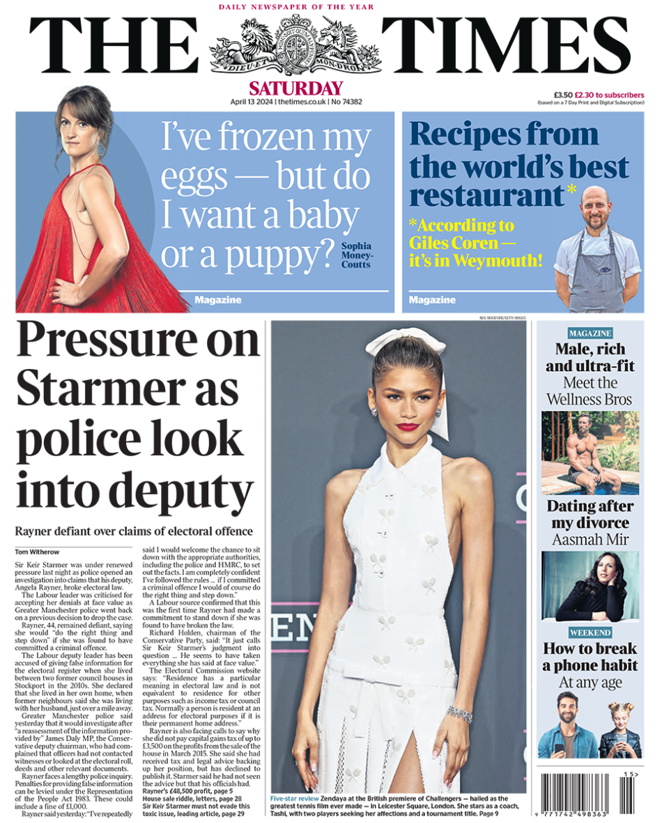 The Times headline reads: "Pressure on Starmer as police look into deputy"