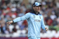 England's captain Eoin Morgan gestures during the Cricket World Cup match between England and Pakistan at Trent Bridge in Nottingham, Monday, June 3, 2019. (AP Photo/Rui Vieira)