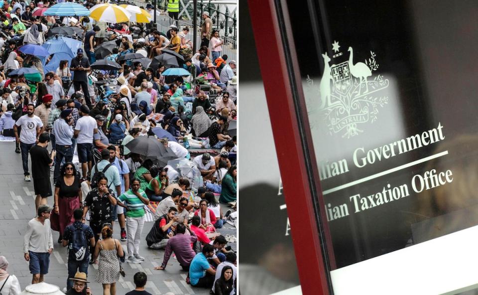 compilation image of Australian tax office door and people walking on the street