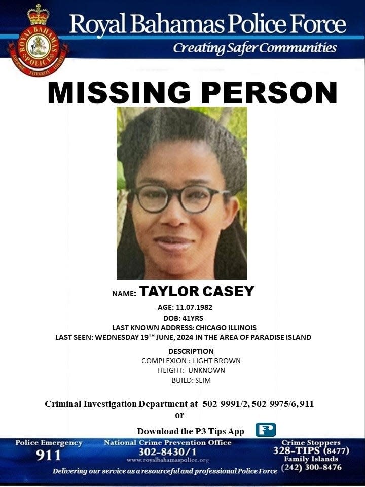 Missing person poster for Taylor Casey, a 41-year-old Chicago woman who disappeared while in the Bahamas.