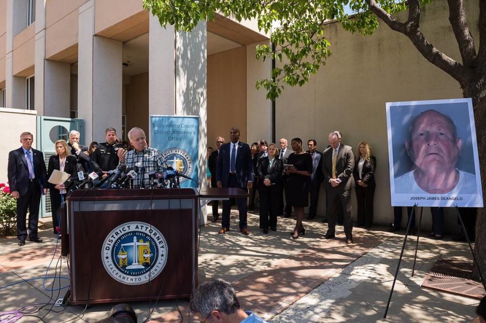 Bruce Harrington, whose brother and sister-in-law were victims of the East Area Rapist, also known as the Golden State Killer, speaks at a press conference Wednesday announcing the arrest of 72-year-old Joseph James DeAngelo. Authorities say DNA evidence led them to the longtime Citrus Heights resident.