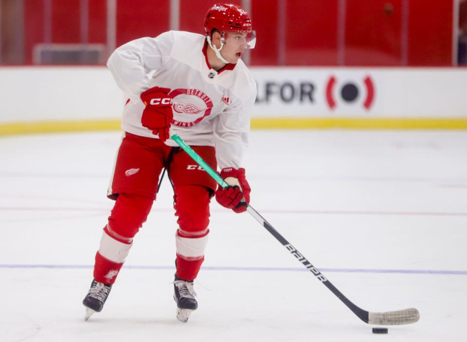 Marco Kasper looks to pass the puck during the 3-on-3 tournament July 14, 2022 between Team Watson and Team Cleary at the Red Wings development camp in the BELFOR Training Center of Little Caesars Arena.