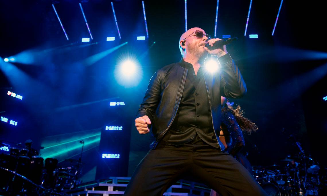 Pitbull takes the stage as he opens his “Can’t Stop Us Now Tour” at Coastal Credit Union Music Pavilion at Walnut Creek in Raleigh, N.C., Thursday night, July 28, 2022.