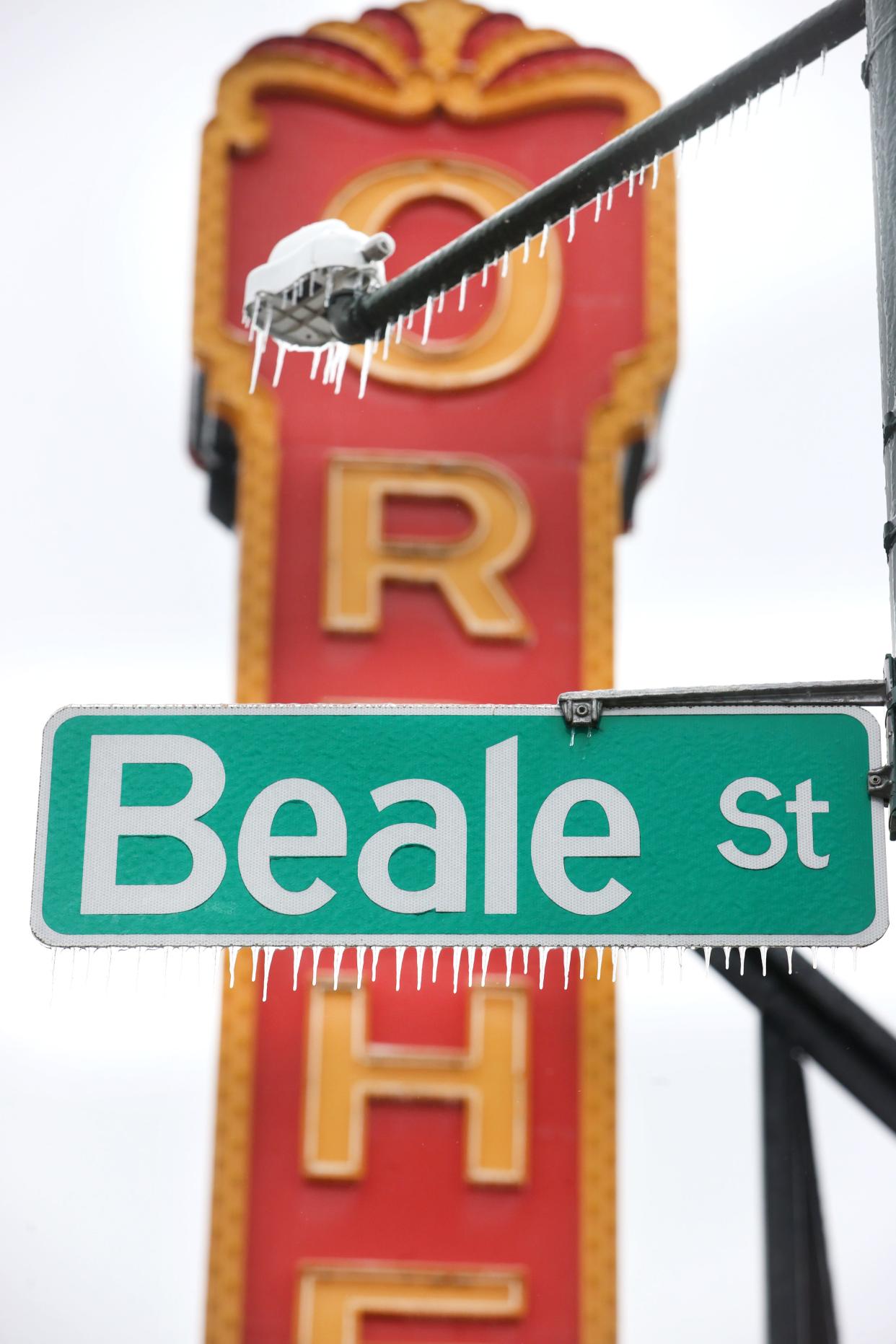 Icicles hang from a Beale Street sign as freezing temperatures continue to grip the Mid-South on Friday Feb. 4, 2022. 