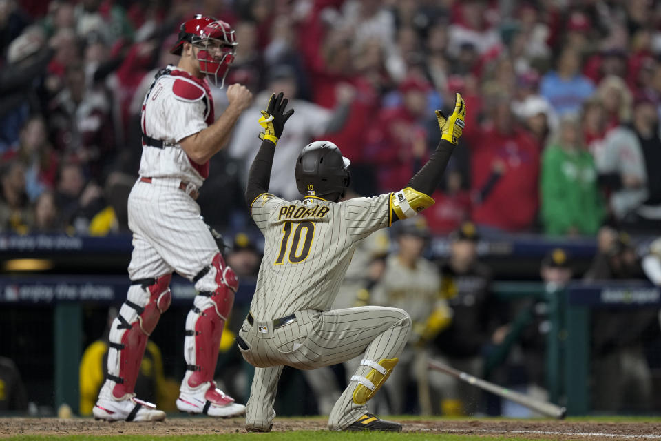 San Diego Padres' Jurickson Profar reacts after striking out during the ninth inning in Game 3 of the baseball NL Championship Series between the San Diego Padres and the Philadelphia Phillies on Friday, Oct. 21, 2022, in Philadelphia. (AP Photo/Matt Slocum)