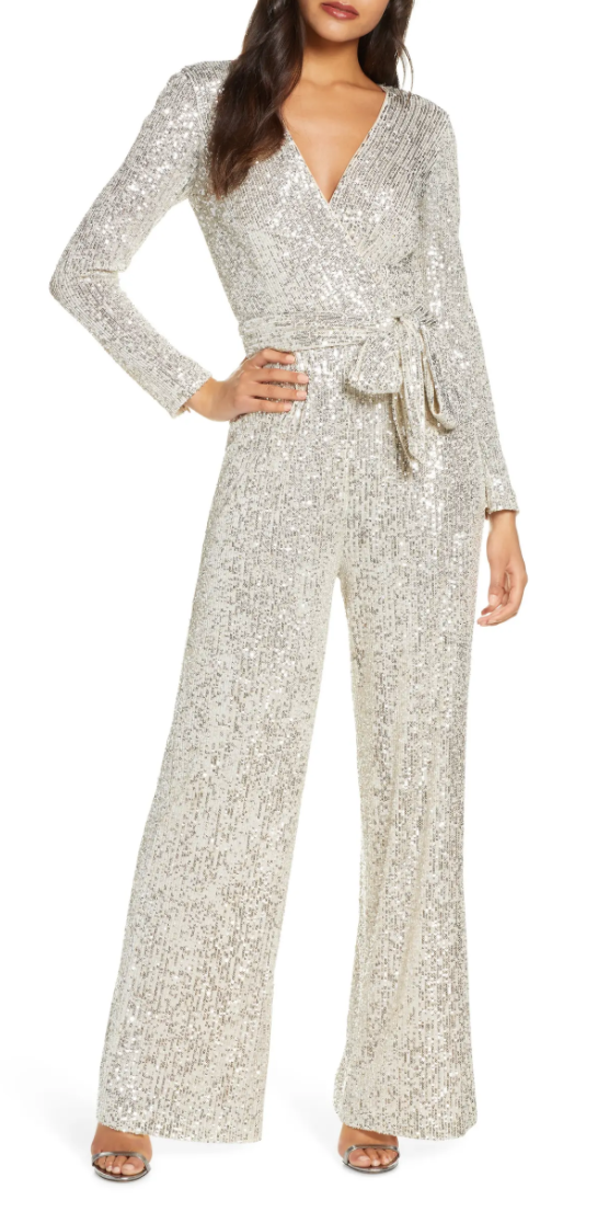 Eliza J Sequin Wrap Front Long Sleeve Jumpsuit