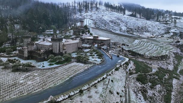 PHOTO: In an aerial view, a dusting of snow covers the property at the Castello di Amorosa Winery on Feb. 24, 2023 in Calistoga, California. (Justin Sullivan/Getty Images)