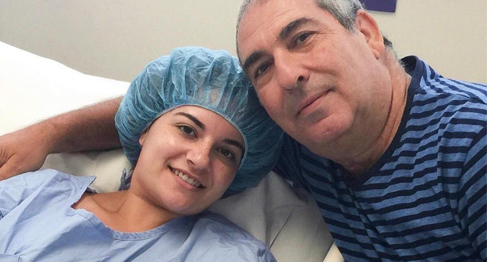 Natalie Panarello and dad in hospital during her previous cancer treatment.