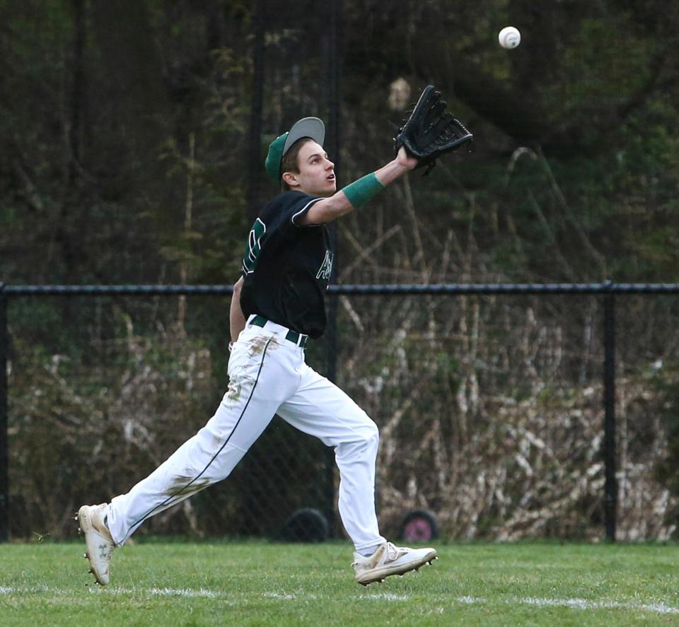 Archmere's Mason Nowaczyk tracks down a fly in the sixth inning of the Spartans' 10-5 win at St. Mark's, Tuesday, March 28, 2023.