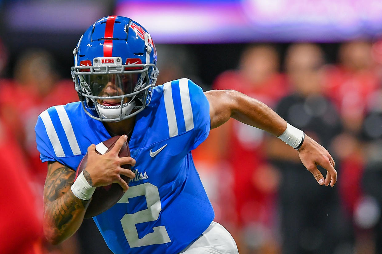 Ole Miss quarterback Matt Corral had a huge game against Alabama in a loss in 2020. (Photo by Rich von Biberstein/Icon Sportswire via Getty Images)