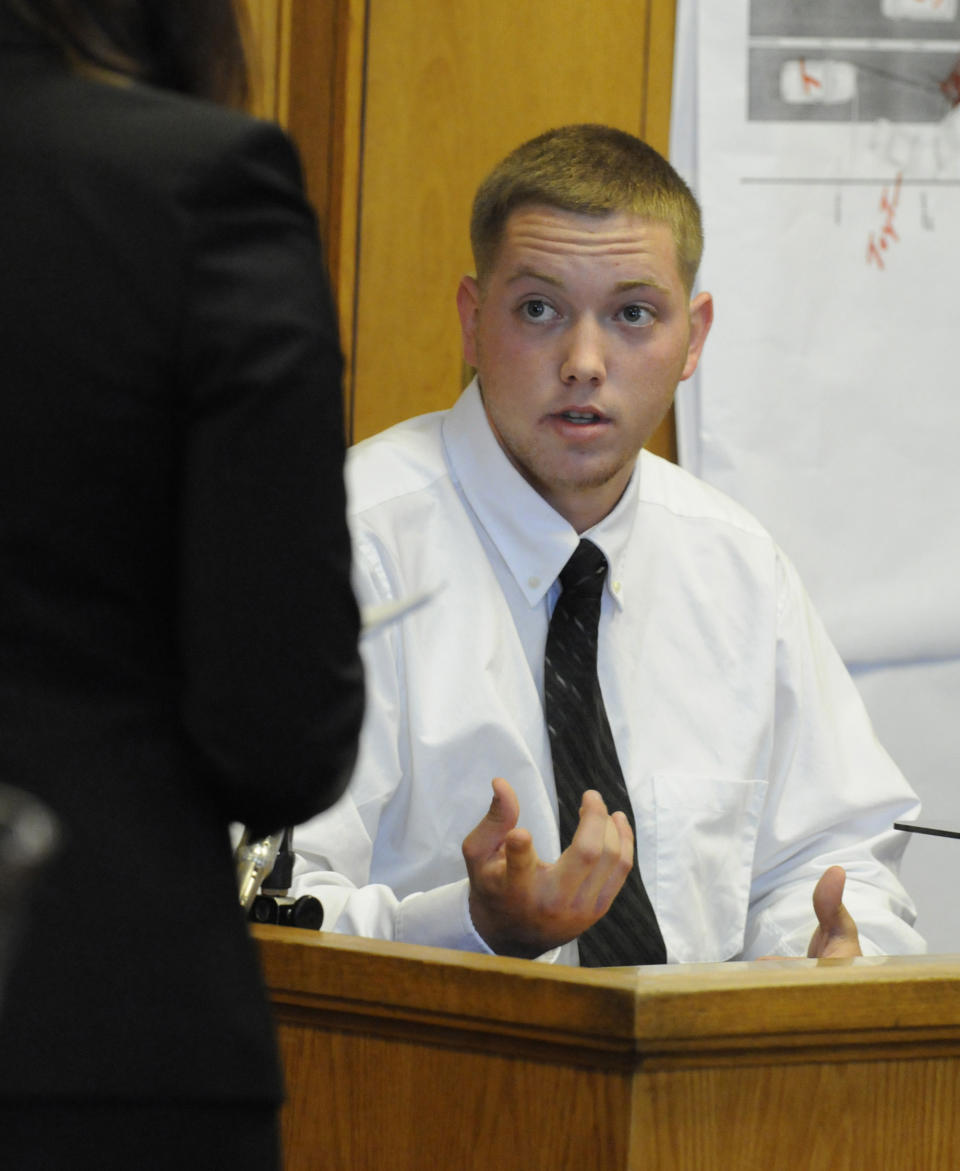 Defendant Aaron Deveau, 18, listens to assistant district attorney Ashlee Logan while testifying at Haverhill District Court in Haverhill, Mass. Tuesday, June 5, 2012, where he is on trial on charges of motor vehicle homicide while texting. Authorities say the then-17-year-old Deveau was texting when he crossed the center line of a Haverhill street on Feb. 20, 2011 and crashed into a vehicle driven by 55-year-old Donald Bowley of Danville, N.H., who died 18 days later in the hospital. (AP Photo/Eagle Tribune, Paul Bilodeau, Pool)