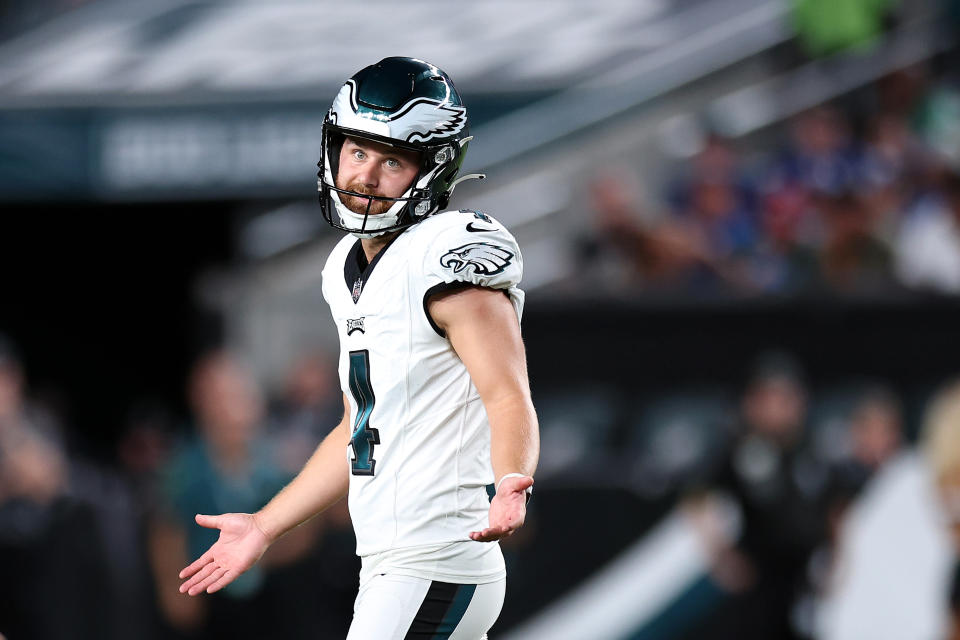 PHILADELPHIA, PENNSYLVANIA – AUGUST 24: Jake Elliott #4 of the Philadelphia Eagles reacts after making a field goal during the first quarter against the <a class="link " href="https://sports.yahoo.com/nfl/teams/indianapolis/" data-i13n="sec:content-canvas;subsec:anchor_text;elm:context_link" data-ylk="slk:Indianapolis Colts;sec:content-canvas;subsec:anchor_text;elm:context_link;itc:0">Indianapolis Colts</a> at Lincoln Financial Field on August 24, 2023 in Philadelphia, Pennsylvania. (Photo by Tim Nwachukwu/Getty Images)