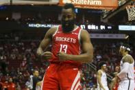 FILE PHOTO: Jan 16, 2019; Houston, TX, USA; Houston Rockets guard James Harden (13) flexes after scoring on a layup during the third quarter against the Brooklyn Nets at Toyota Center. Mandatory Credit: John Glaser-USA TODAY Sports
