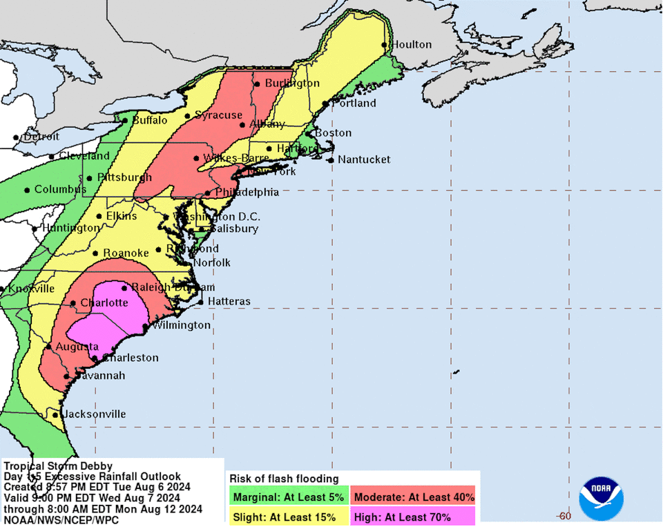 The map shows areas most likely to receive heavy rainfall are in the Carolinas and Mid-Atlantic, parts of Pennsylvania, New Jersey and New York.