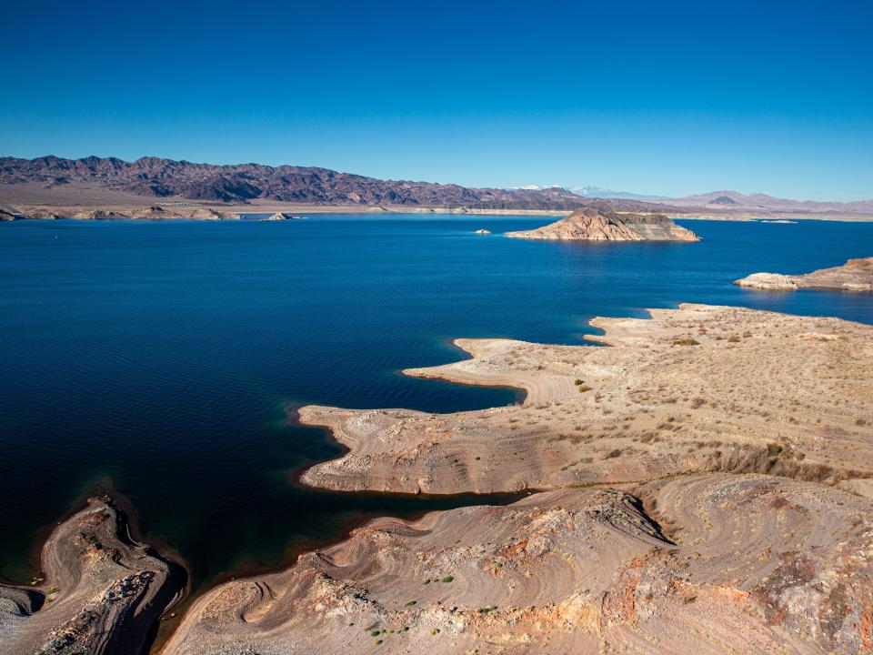 Aerial view of Lake Mead at 30% capacity on January 11, 2022.