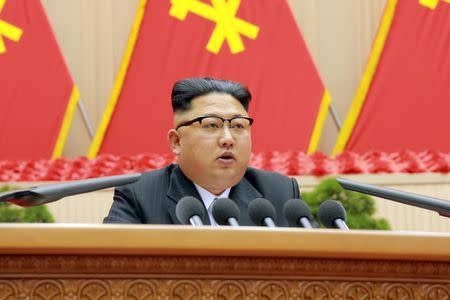 North Korean leader Kim Jong Un speaks during the first party committee meeting in Pyongyang, in this undated photo released by North Korea's Korean Central News Agency (KCNA) December 25, 2016. REUTERS/KCNA