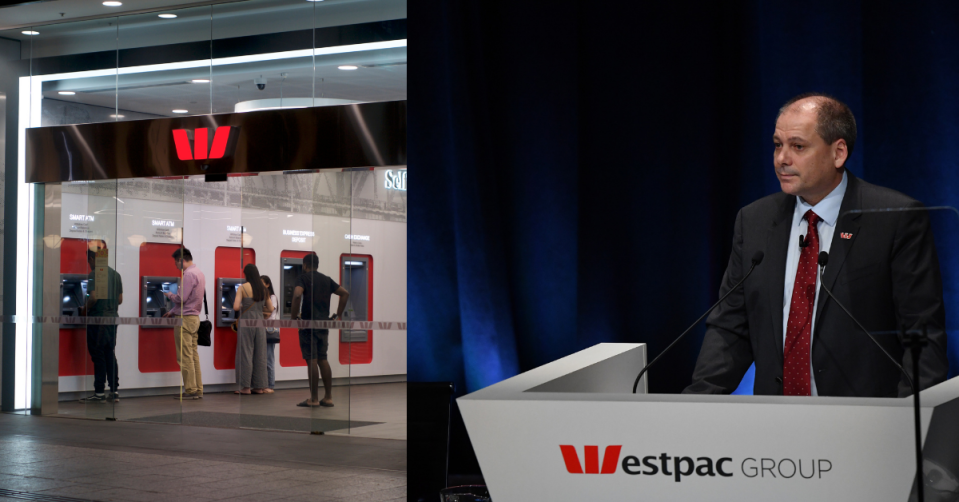 People using ATMs at a Westpac branch and Westpac CEO Peter King