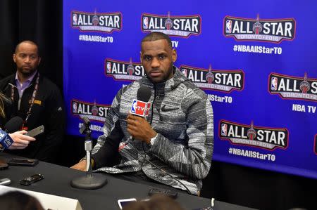 Feb 12, 2016; Toronto, Ontario, Canada; Eastern Conference forward LeBron James of the Cleveland Cavaliers (23) speaks during media day for the 2016 NBA All Star Game at Sheraton Centre. Bob Donnan-USA TODAY Sports