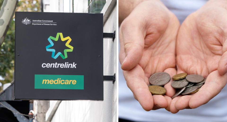 Centrelink sign next to person holding coins